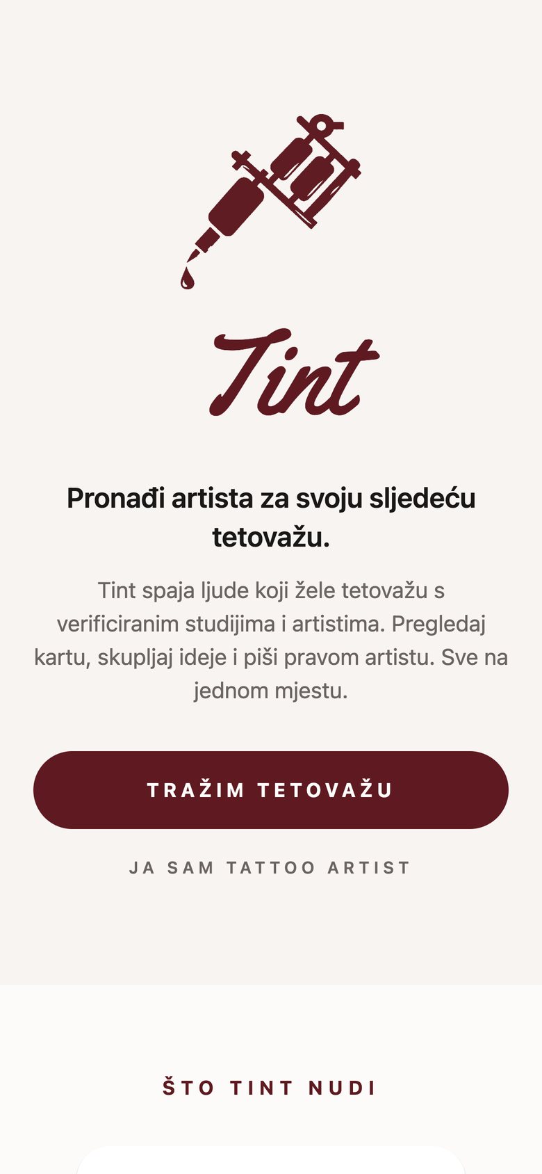 Tint početni ekran s izborom uloge / Tint welcome screen with role choice